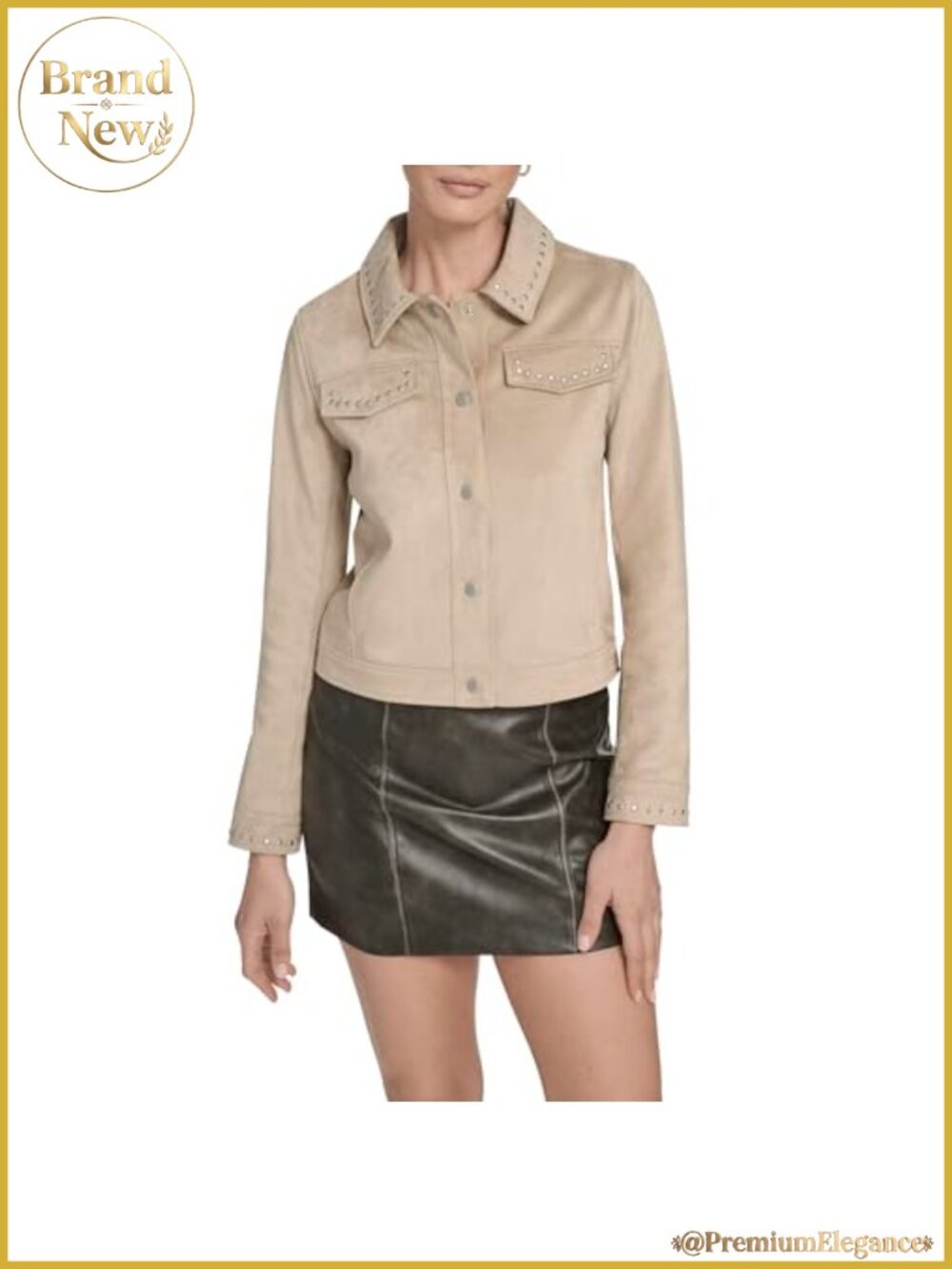 Faux Suede Studded Laydown Collar Snap Front Jacket